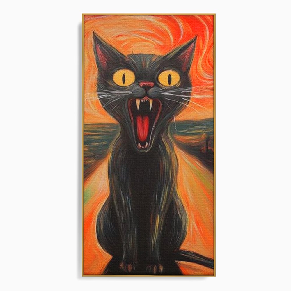 Tablou canvas cu tablou canvas cu pisica neagra care urla, in rama de aluminiu auriu